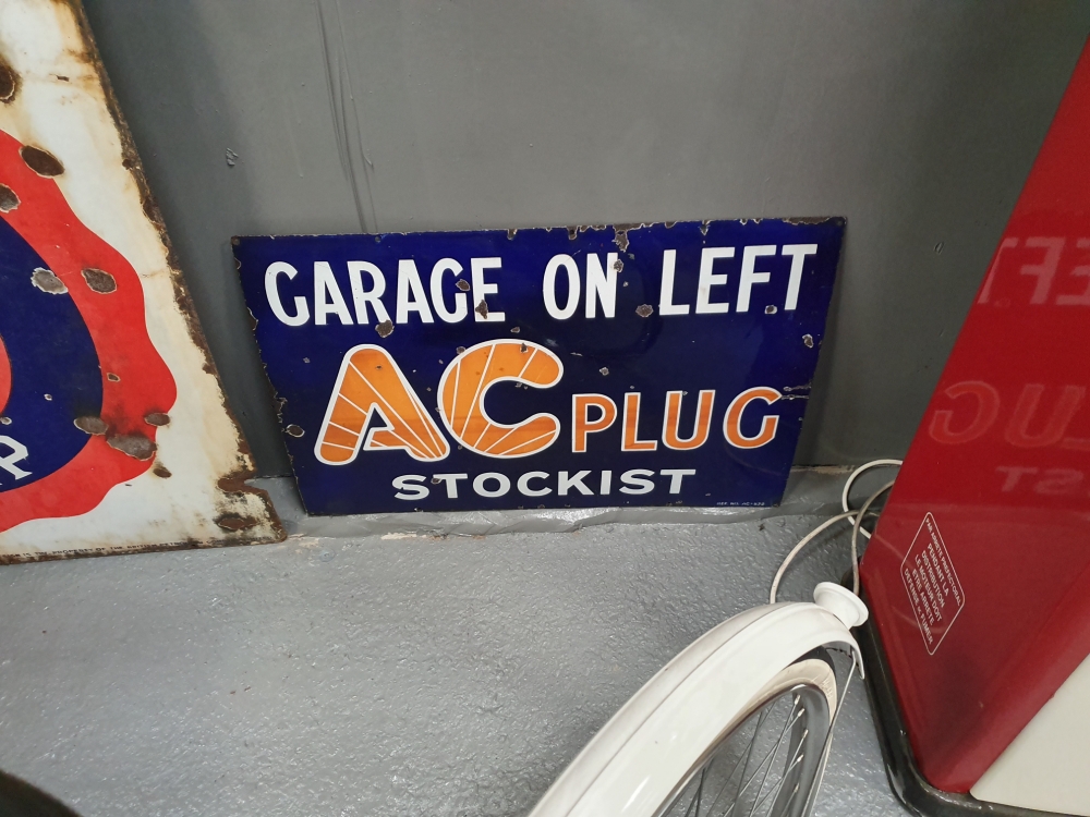 AC PLUGS sign enamel ORIGINAL RARE garage on left 1930,s
